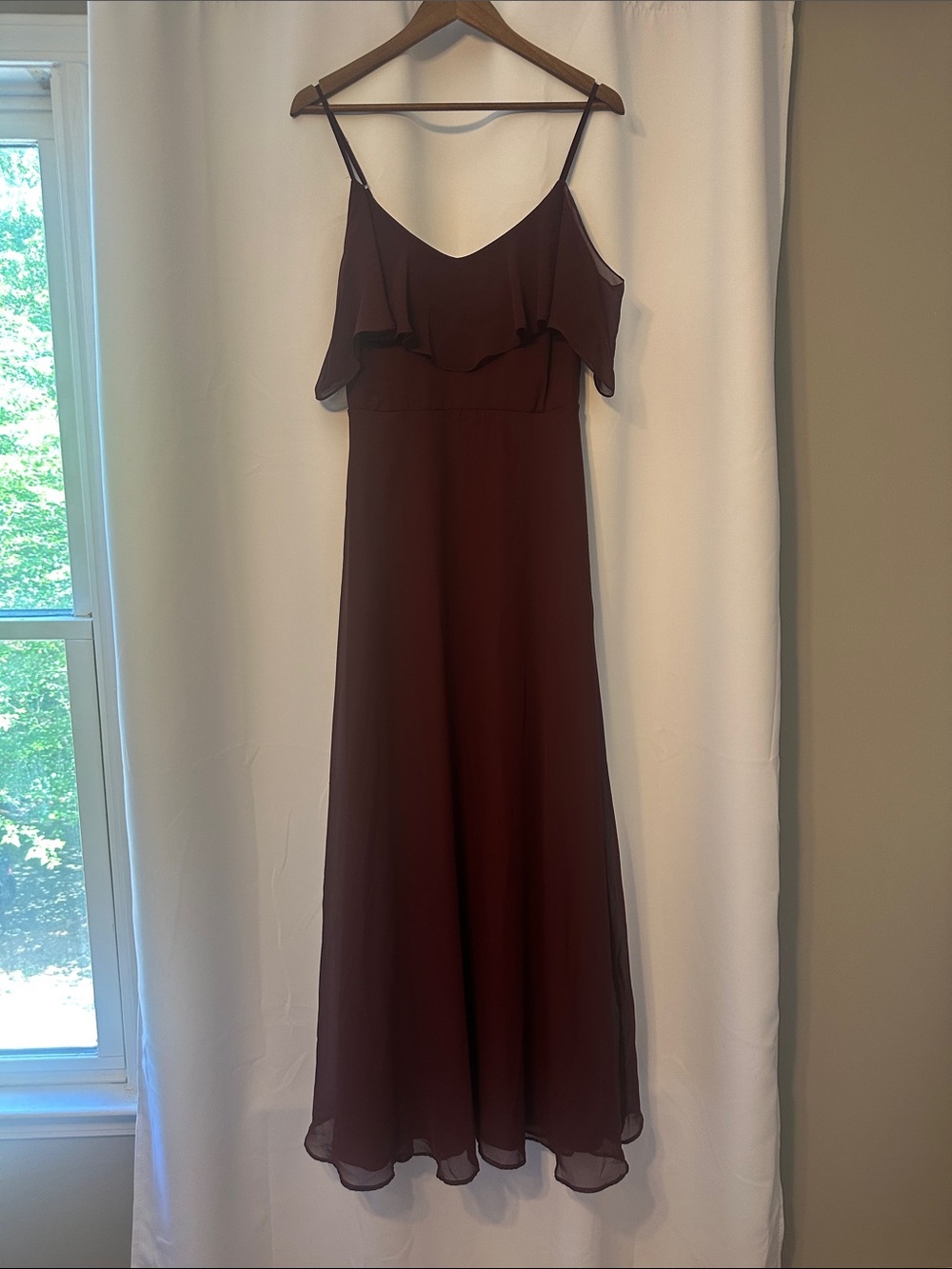 Birdy Grey Burgundy Cold-Shoulder Ruffle Maxi Dress